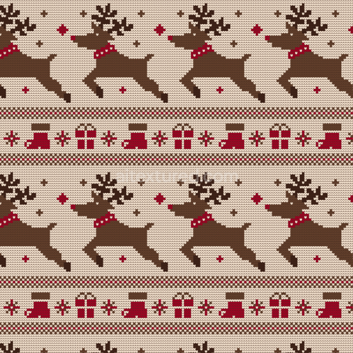 Seamless 3D PBR knitted Christmas pattern texture with reindeer and gifts