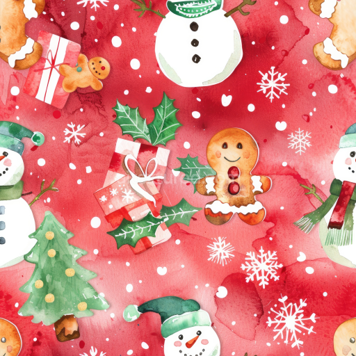 Seamless 3D PBR Christmas Watercolor Texture with Festive Gingerbread and Snowmen