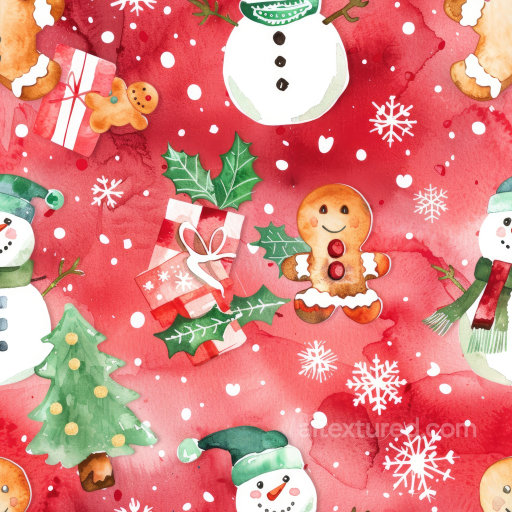 Christmas Watercolor Texture with Festive Gingerbread and Snowmen seamless Christmas Watercolor PBR texture