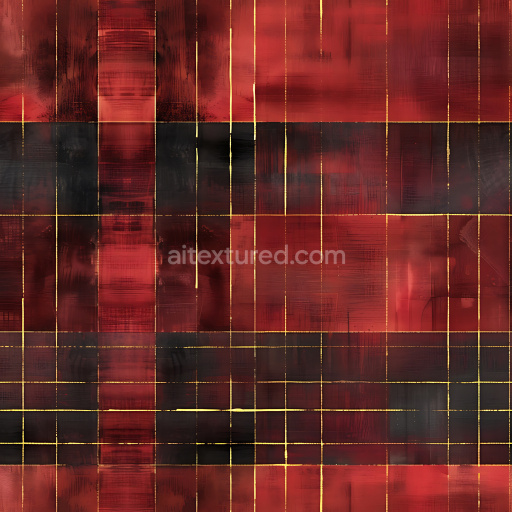 Seamless 3D PBR Plaid Texture in Dark Red and Black with Gold Grid Lines