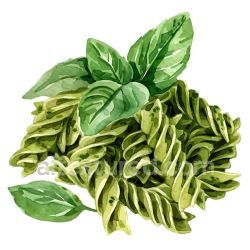seamless Watercolor Style Pesto Pasta with Fresh Basil Leaves Breakfast Clipart texture 8k free download PBR