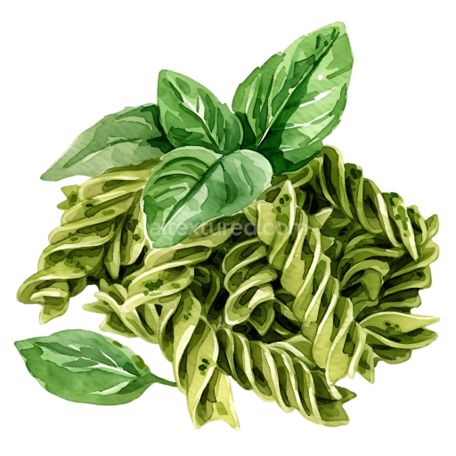 Watercolor Style Pesto Pasta with Fresh Basil Leaves Breakfast Clipart