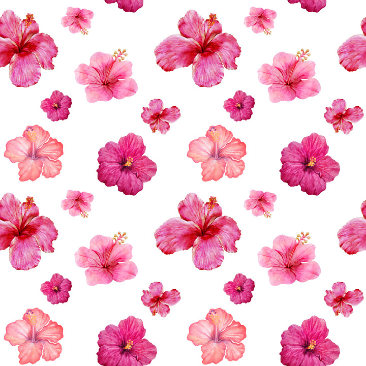 Pattern Featuring Watercolor Hibiscus Floral Repeat seamless PBR texture preview