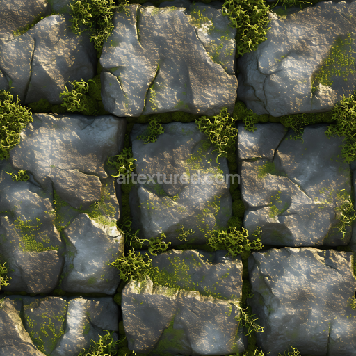 Seamless 3D moss-covered stone cobblestone PBR texture with natural cracks