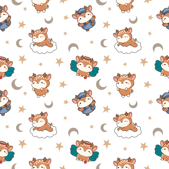 Pattern with Charming Cartoon Deer and Celestial Motifs seamless PBR texture preview