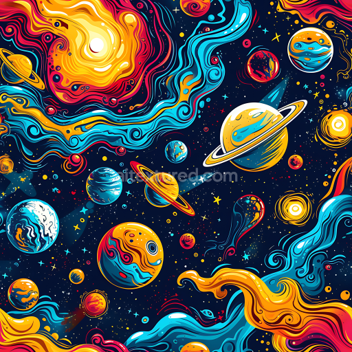 Seamless 3D Space PBR Texture Featuring Psychedelic Planets and Cosmic Nebulae