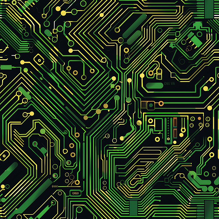 Neon Circuit Board Camouflage with Glowing Green and Yellow Pathways seamless PBR texture preview