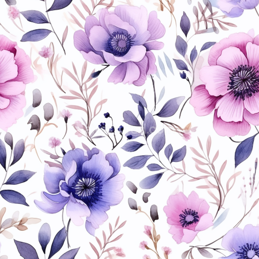 Seamless 3D PBR Texture of Purple and Pink Watercolor Flowers with Leaves Pattern