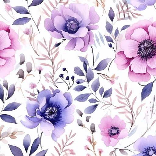 Purple Flower Texture of Purple and Pink Watercolor Flowers with Leaves Pattern seamless Purple Flower PBR texture