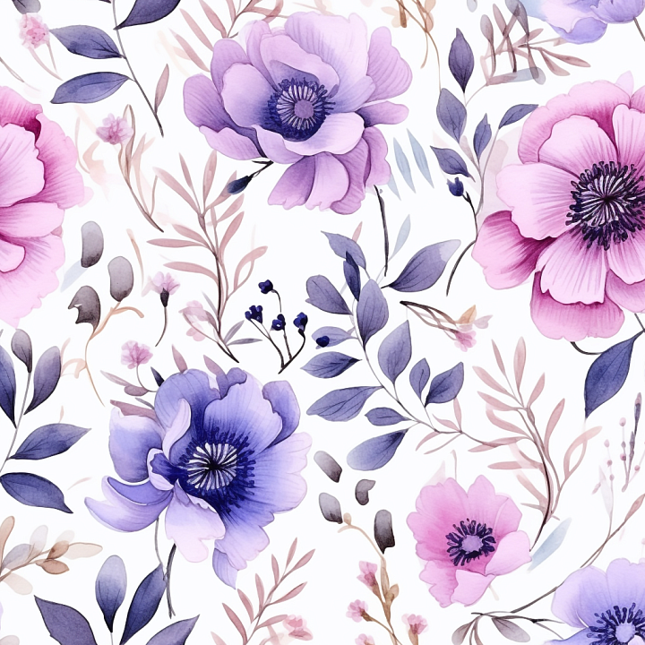 Purple Flower of Purple and Pink Watercolor Flowers with Leaves Pattern seamless PBR texture preview