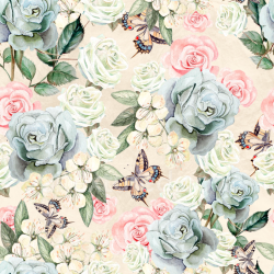 seamless Seamless 3D PBR Texture of Soft Hand-Painted Watercolor Roses & Butterflies texture 8k free download PBR