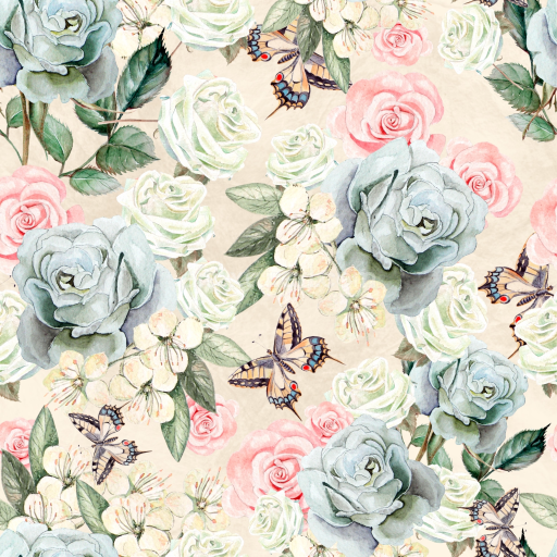 Seamless 3D PBR Texture of Soft Hand-Painted Watercolor Roses & Butterflies