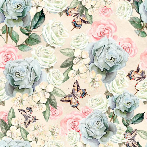 Flower Texture of Soft Hand-Painted Watercolor Roses & Butterflies seamless Flower PBR texture