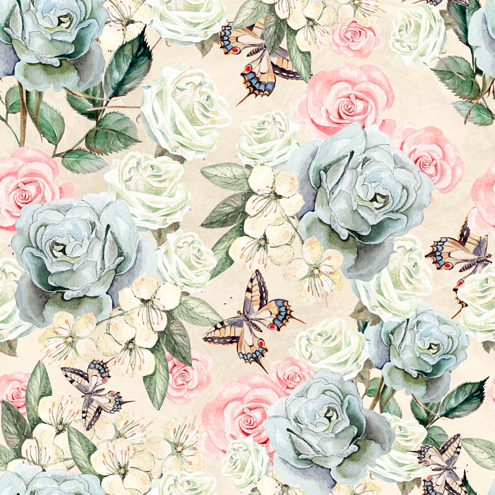 Flower of Soft Hand-Painted Watercolor Roses & Butterflies seamless PBR texture preview