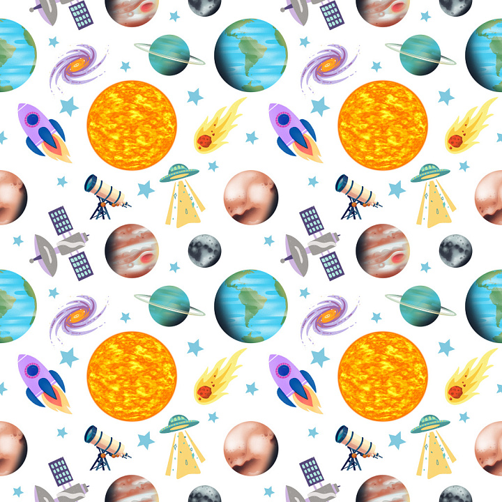 Pattern with Colorful Space Motifs and Playful Rhythm seamless PBR texture preview
