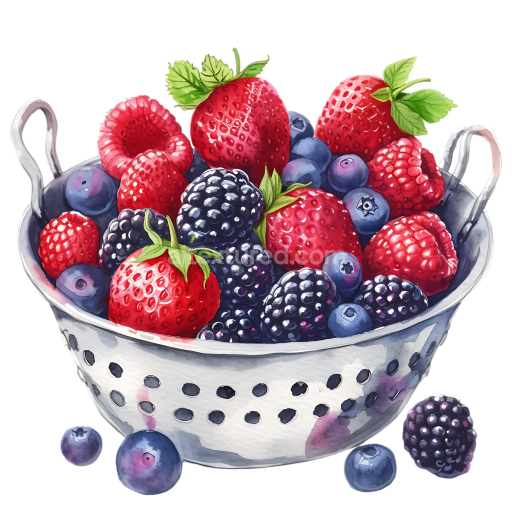 Watercolor Style Breakfast Graphic with Fresh Mixed Berries in Colander