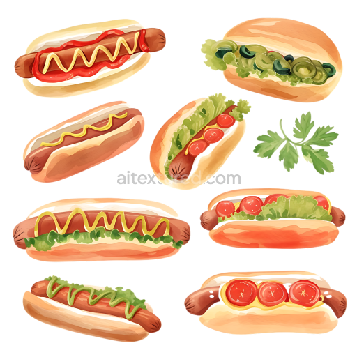 Breakfast-Themed Gourmet Hot Dog PNG Graphics with Fresh Toppings and Condiments