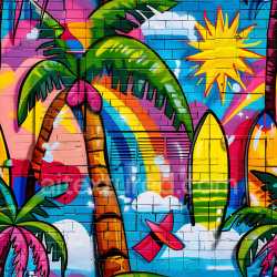 seamless Seamless 3D PBR Texture Featuring Colorful Tropical Beach Graffiti Mural texture 8k free download PBR