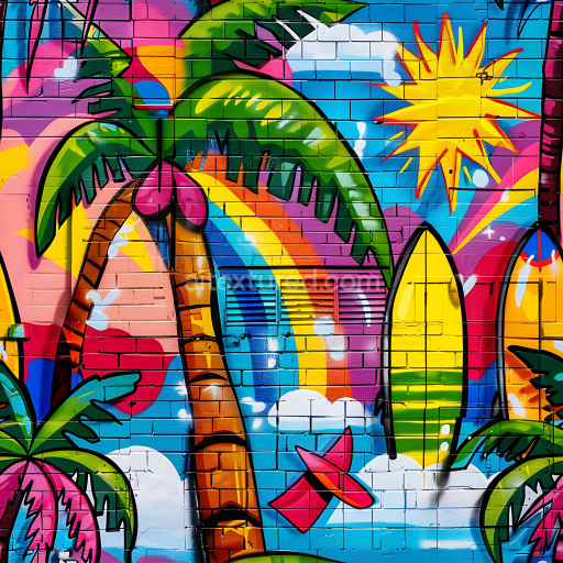 Seamless 3D PBR Texture Featuring Colorful Tropical Beach Graffiti Mural