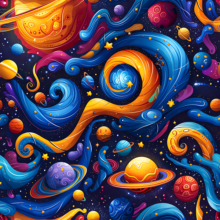 Space Featuring Vibrant Cosmic Galaxy and Planetary Orbits seamless PBR texture preview