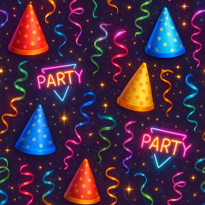 Party Hats And Neon Signs With Festive Ribbons For New Year Sparkle seamless PBR texture preview