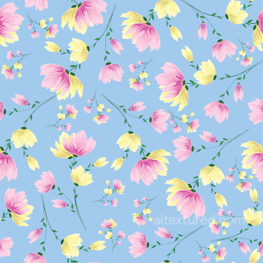 Floral Fabric Texture with Pink and Yellow Flowers on Blue seamless Floral  PBR texture