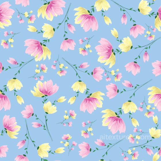 Floral Fabric Texture with Pink and Yellow Flowers on Blue Floral texture preview