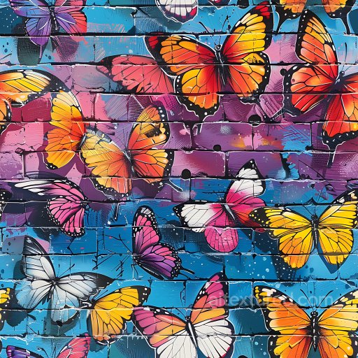 Seamless 3D PBR Texture of Vibrant Butterfly Graffiti Mural on Brick texture preview