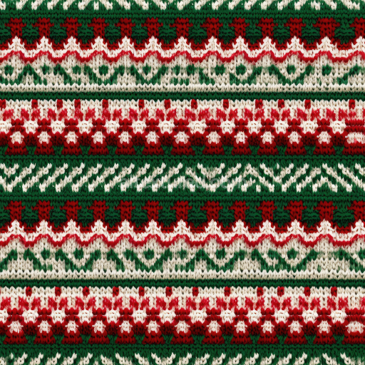 Seamless 3D PBR knit fabric texture with red, green, and cream Christmas pattern