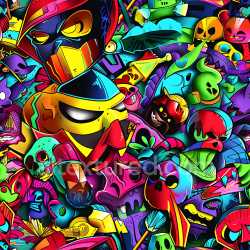 seamless Seamless 3D PBR Graffiti Texture Featuring Vibrant Cartoon Faces and Symbols texture 8k free download PBR