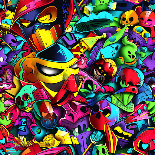 Seamless 3D PBR Graffiti Texture Featuring Vibrant Cartoon Faces and Symbols