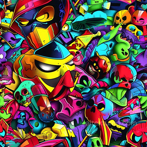 Seamless 3D PBR Graffiti Texture Featuring Vibrant Cartoon Faces and Symbols texture preview