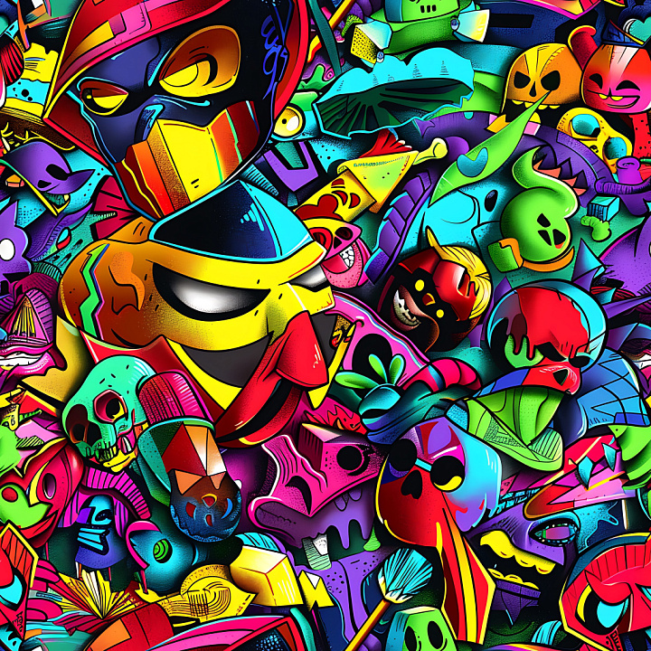 Graffiti Featuring Vibrant Cartoon Faces and Symbols seamless PBR texture preview