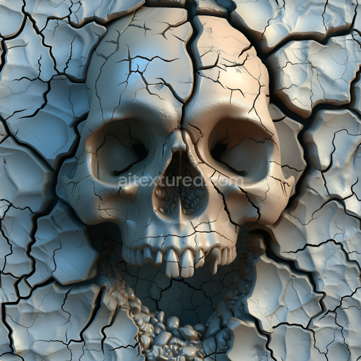 Seamless 3D Cracked Dry Earth PBR Texture Featuring Embedded Skull Detail