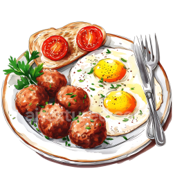 seamless Detailed Breakfast Plate with Meatballs, Sunny-Side Eggs, and Toast Illustration texture 8k free download PBR