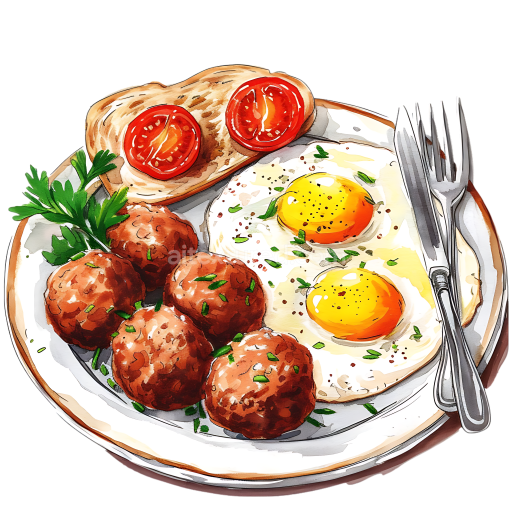 Detailed Breakfast Plate with Meatballs, Sunny-Side Eggs, and Toast Illustration