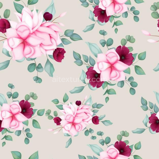 Seamless 3D PBR Floral Fabric Texture Featuring Delicate Pink and Burgundy Flowers