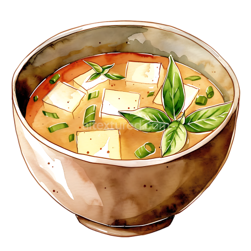 Watercolor Style Miso Soup with Tofu Breakfast Illustration