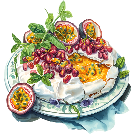 Colorful Pavlova Breakfast Platter with Passionfruit and Grapes Illustration