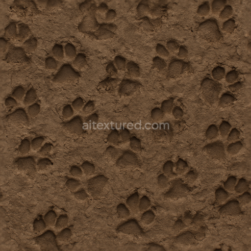 Seamless 3d texture pbr 8k of dog paw prints on muddy wet soil surface