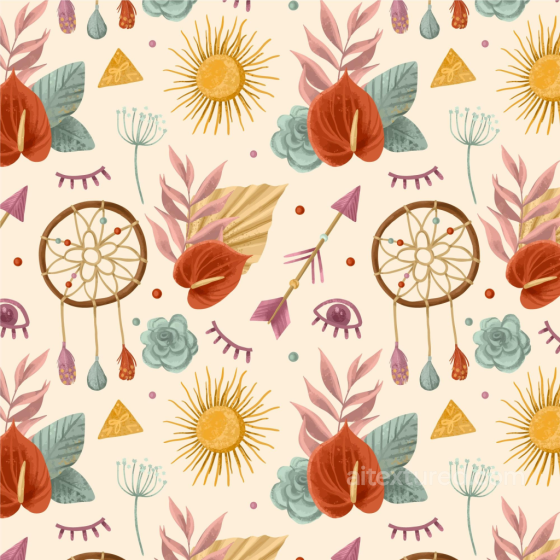 Boho-Style Floral and Dreamcatcher Pattern Texture Boho Seamless texture preview