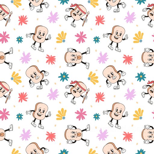Pattern PBR Texture with Playful Cartoon Characters and Colorful Floral Motifs seamless Pattern Bundle PBR texture
