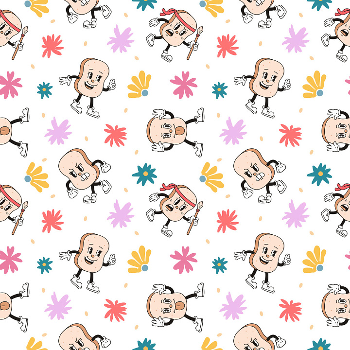 Pattern with Playful Cartoon Characters and Colorful Floral Motifs seamless PBR texture preview