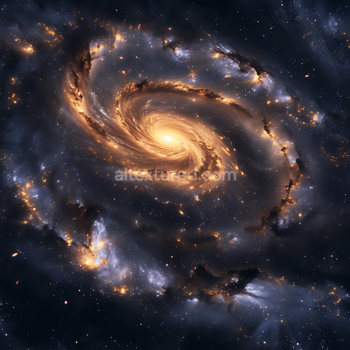 Seamless 3D Space PBR Texture Featuring a Luminous Galactic Spiral Nebula with Golden Glow