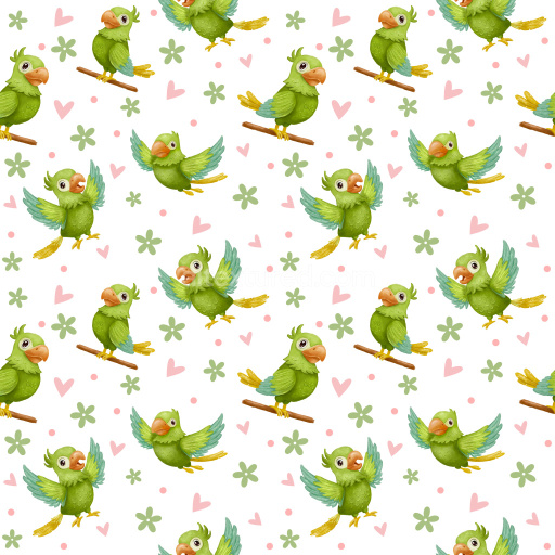 Pattern Bundle - Seamless 3D Pattern PBR Texture Featuring Cute Green Parrots with Floral and Heart Motifs texture preview