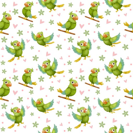 Pattern PBR Texture Featuring Cute Green Parrots with Floral and Heart Motifs seamless Pattern Bundle PBR texture