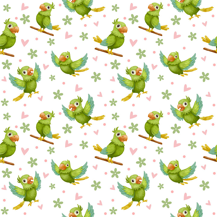 Pattern Featuring Cute Green Parrots with Floral and Heart Motifs seamless PBR texture preview