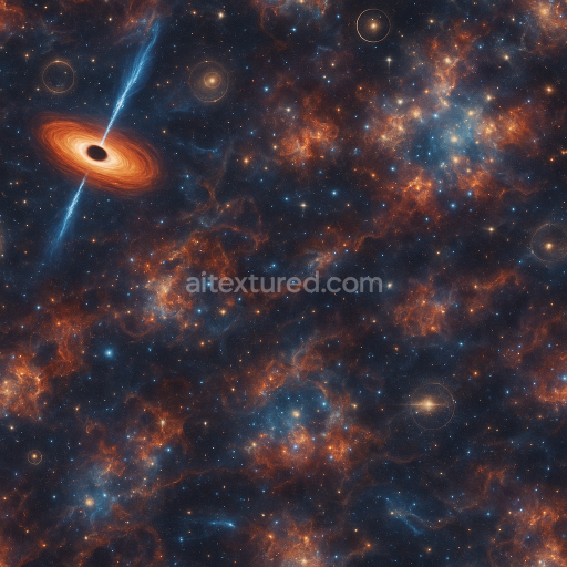 Seamless 3d texture pbr 8k black hole accretion disk with quasar jets and dark energy glow