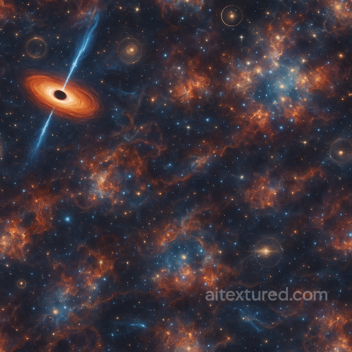 Black Hole Accretion Disk With Quasar Jets And Dark Energy Glow seamless Star, space, planets PBR texture