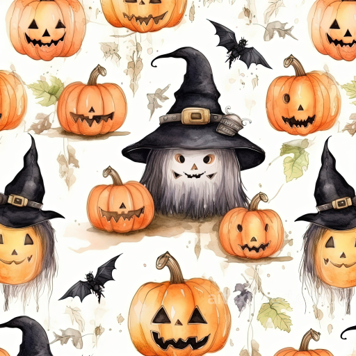 Watercolor Halloween Texture with Jack-o'-Lanterns and Witch Hats seamless Watercolor Halloween PBR texture
